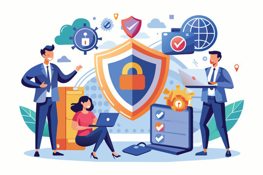 An illustration of three business professionals working together on a cybersecurity strategy, with a large shield icon prominently displayed.