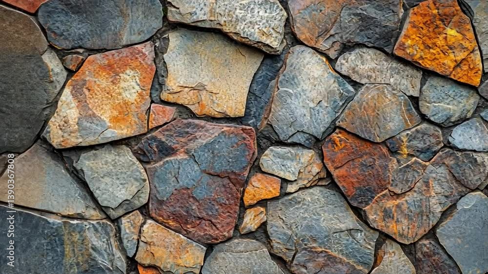 Poster close-up view of multicolored slate stone wall with unique textures and patterns, perfect for backgr