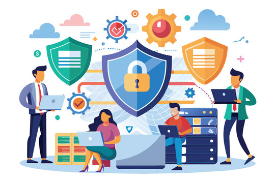 A team of professionals is working on a secure network with data protection. They are using laptops and a server to access and manage information.