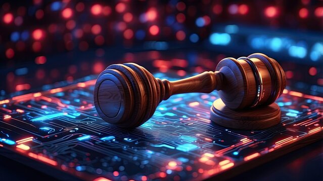 A judge's gavel is placed on a digitally rendered surface with glowing circuitry and binary code - Powered by Adobe