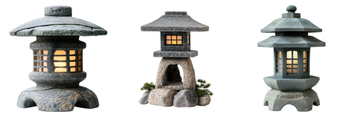 Traditional Japanese Stone Lanterns for Outdoor Garden Decoration on Transparent Background