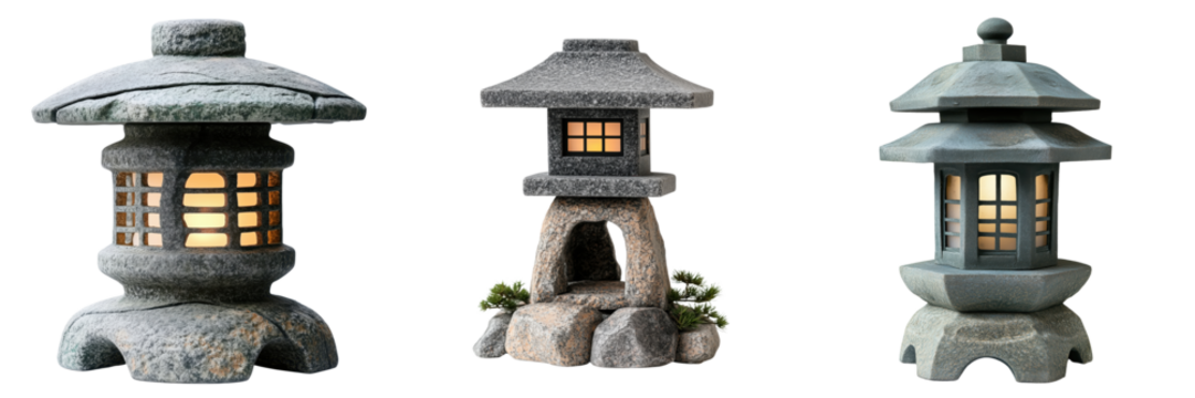 Traditional Japanese Stone Lanterns for Outdoor Garden Decoration on Transparent Background