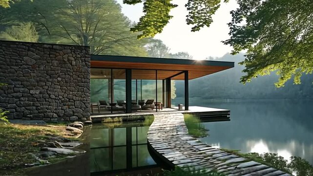 Modern House by the Lake with Stone Pathway