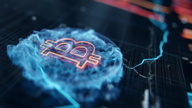 illustration of bitcoin hologram surrounded by smoke on display screen