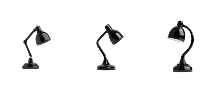 Black lamp set featuring various designs and adjustable arms for versatile lighting solutions
