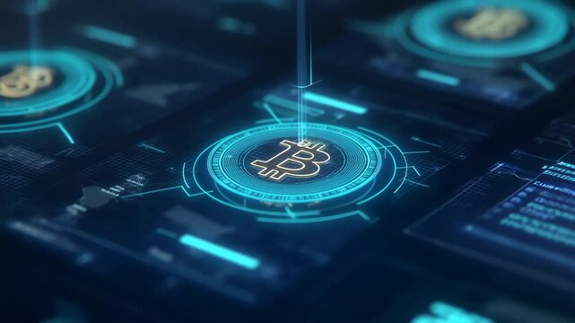 blue light hologram surrounds bitcoin