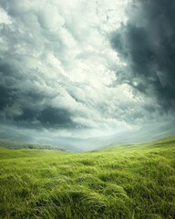 Obraz premium Dramatic Cloudy Sky Over Lush Green Rolling Hills, Beautiful Nature Landscape Scene.