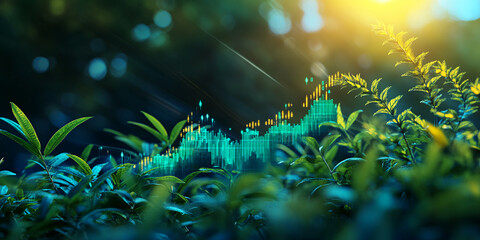 Green foliage frames a glowing teal graph, suggesting growth and environmental sustainability, symbolizing financial success in a green business