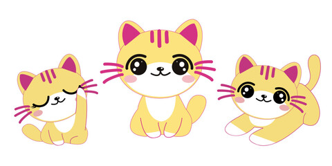 Vector set of cute yellow cats on white background. Cartoon characters cute cats, happy cute, art, animals, kittens, pets