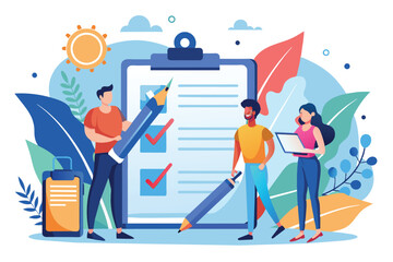 Three people work together on a checklist: one holds a pencil, another holds a pen, and the third checks items on a laptop. The sun shines in the background.