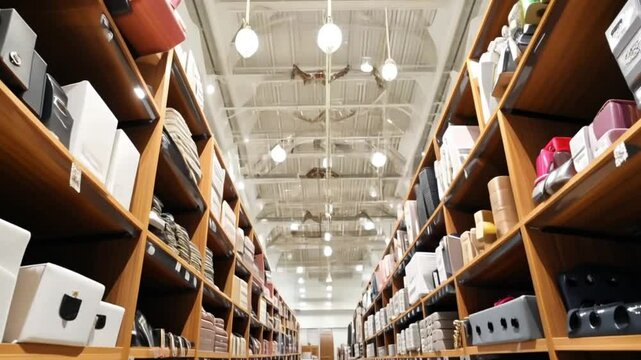 Rows of Shelves Stocked with Various Products in a Storehouse
