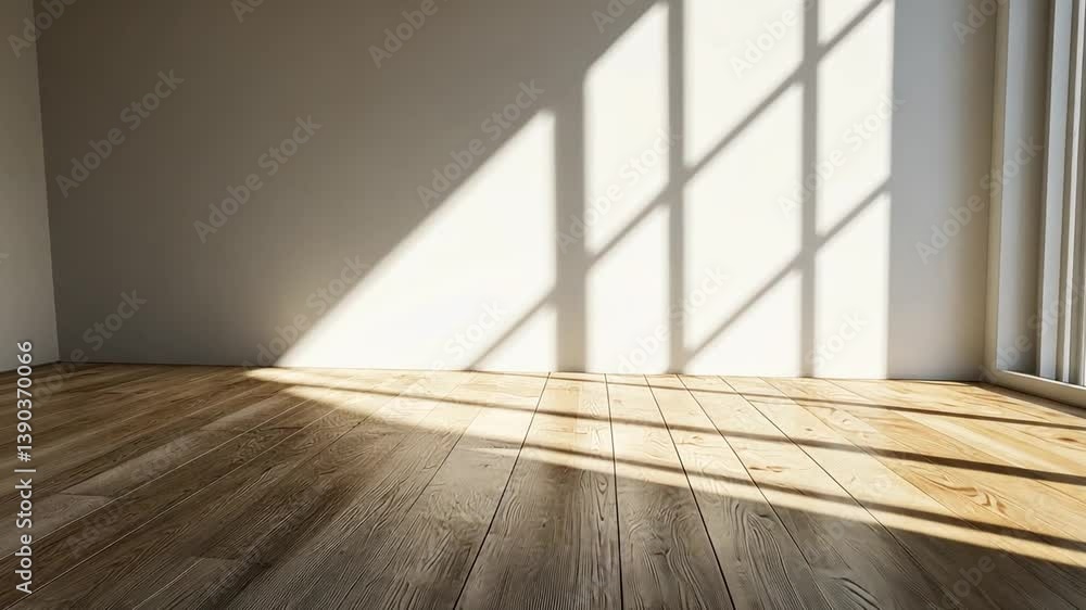 Poster sunlight streaming through large windows in an empty room with wooden floor, perfect for modern inte