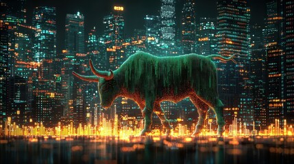 A vibrant green graph, its lines soaring upwards like the wings of a majestic bull, symbolizing the triumphant rise of the stock market, a testament to the power of generative AI. 