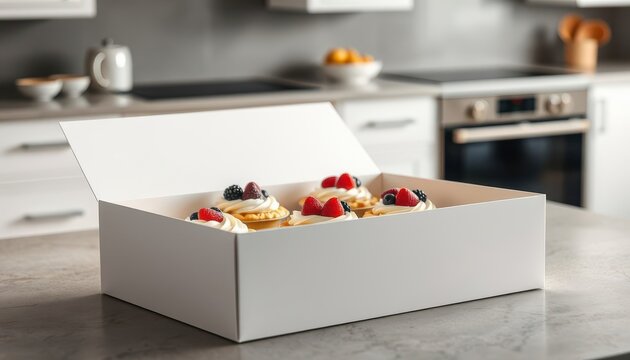 ⁨Photorealistic, close-up on a pristine white cake box mockup, a few whipped cream and berry topped pies peeking out, arranged carefully within. The box is set precisely on a polished concrete kitchen