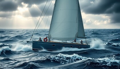 Naklejka premium ⁨Hyperrealistic, medium shot of a white sail in a fierce storm. The wind is howling, and the sail is stretched. The sea is a churning, dark gray mass, with towering waves crashing around the yacht.