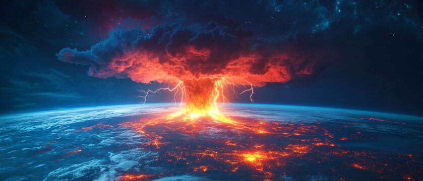 Dramatic supervolcano eruption with massive ash cloud and lightning under starry night sky