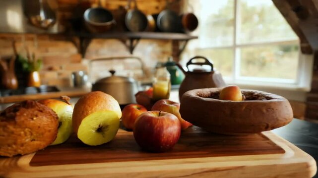 Rustic Kitchen Still Life with Fruits and Wooden Accents