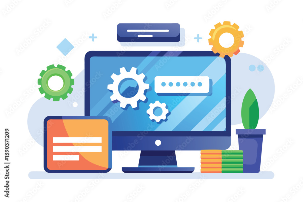 Poster a flat design illustration of a desktop computer with multiple gears displayed on the screen, indica