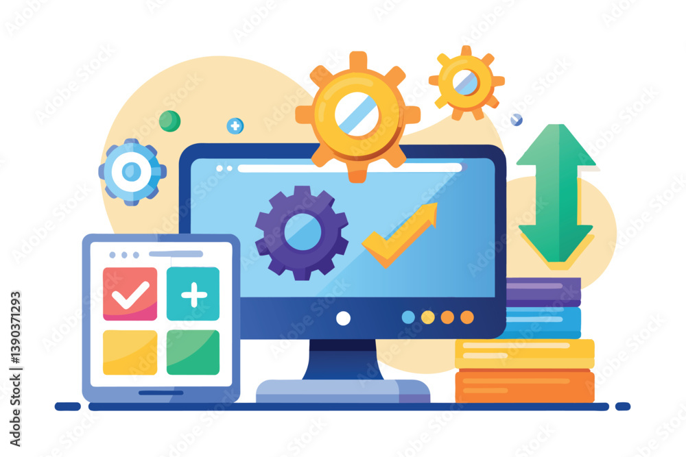 Poster a desktop computer and a mobile device with gear icons and a checkmark representing web development.