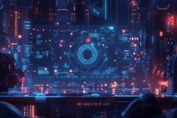 Fototapeta premium futuristic control room with glowing digital screens and holographic interface. cyber technology environment with blue and red lights. science fiction theme. tech banner, sci-fi projects.