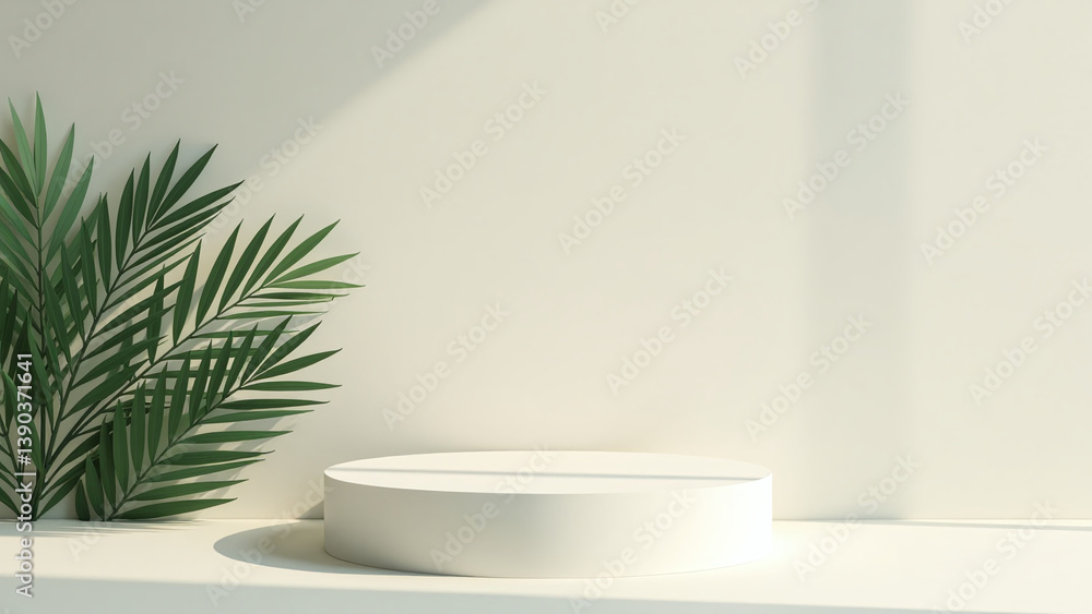 Poster minimal display empty podium palm leaf design subtle shadowed background added tropical