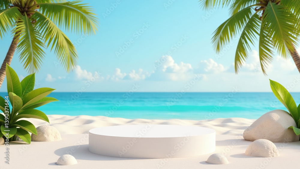 Poster minimal display empty podium showcases products summer beach scene abstract minimalist