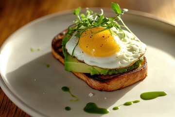 Avocado toast with sunny-side-up egg on minimalist plate, garnished with microgreens