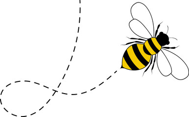 Bee flying path. A bee flying in a dotted line. The flight path of bee. Bee flying on a dotted route. Hand drawn bees illustration.
