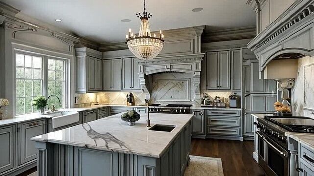 Elegant Grey Kitchen with Marble Island and Chandelier