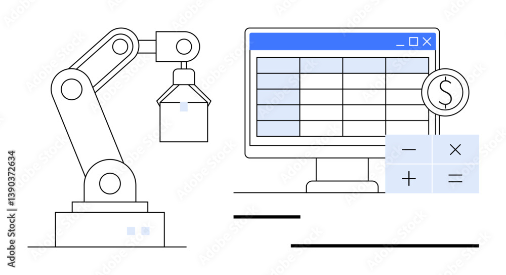 Poster robotic arm interacting with computing system, spreadsheet, and calculator icons represent automated