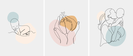 Happy Mother's Day. Set of minimalistic modern line art. Vector abstract illustration of mother and baby, hand, frame, border for greeting card, poster or flyer.