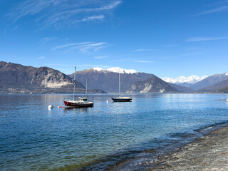 Sailboats anchored on Lake Maggiore Verbania, Italy.