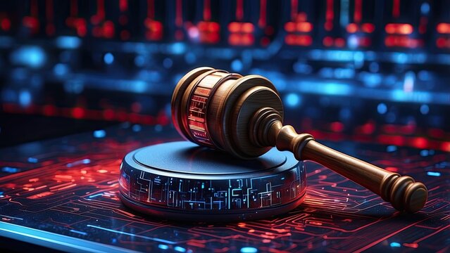 A judge's gavel is placed on a digitally rendered surface with glowing circuitry and binary code