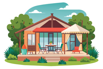 A modern house with a covered patio and outdoor furniture sits in a lush green garden under a bright blue sky with fluffy white clouds.