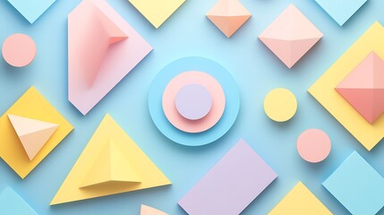 Pastel geometric shapes on blue background.