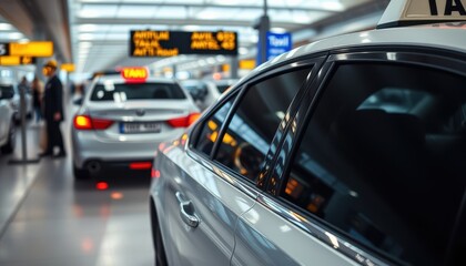⁨Photorealistic photograph, taxi waiting, rainy city street. A classic taxi is parked on a wet city street, reflecting the streetlights in its shiny surface. Raindrops are visible on the windows