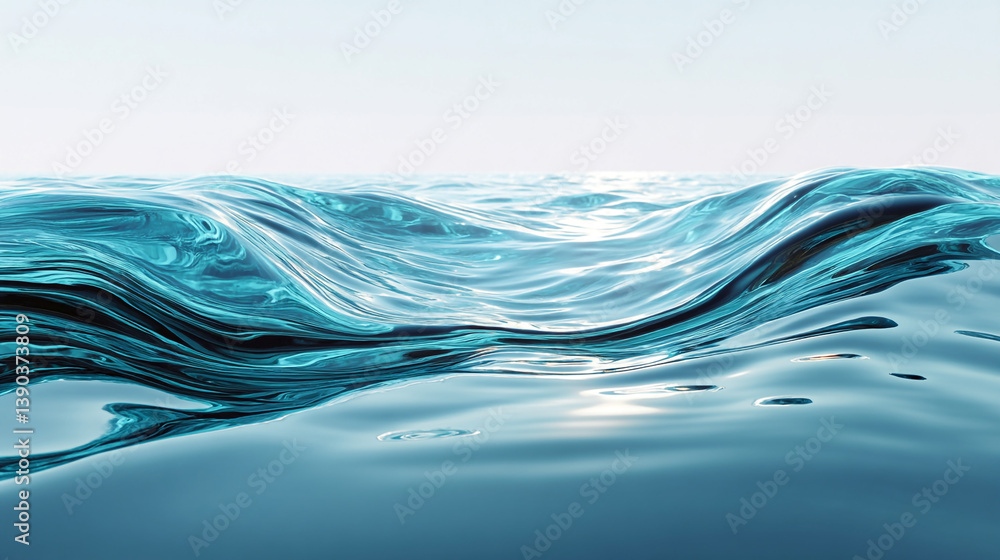 Poster a close up of the ocean surface with gentle waves under a bright sky on a clear day with light refle