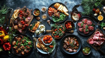 Fototapeta premium An Elaborate Feast of Various Savory Dishes on Display