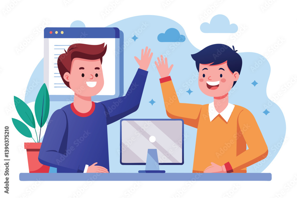 Poster two cartoon men in casual clothing are sitting at a desk with a computer between them. they are smil