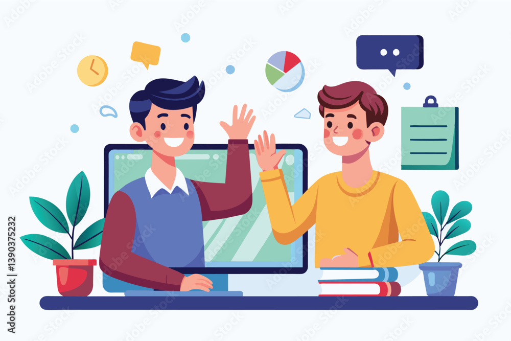 Poster Two men on a video call at their desks. One in front of a computer, the other in front of a stack of books. Both smiling, enjoying the conversation.
