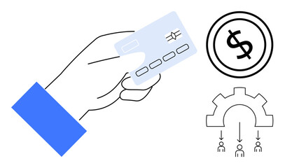 Hand holding credit card, dollar coin representing money, and gear with input-output figures. Ideal for payment, banking, finance, economics, teamwork systems management. Flat simple metaphor
