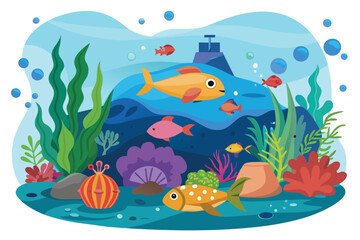 Obraz premium An illustration of colorful fish swimming in a vibrant underwater scene with sea plants, coral reefs, and bubbles.