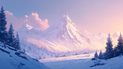 Serene winter sunrise over snow-capped mountains and forest.