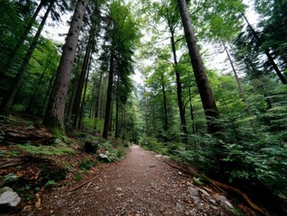 Fototapeta premium Tranquil Forest Pathway Surrounded by Ambient Light in Nature