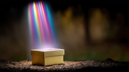 Golden Gift Box with Rainbow Light in the Dark