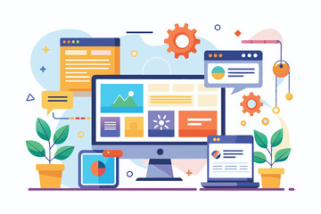 Fototapeta premium An illustration of a desktop computer displaying a colorful website design with icons. Other devices and elements like a laptop, tablet, and plants are in the background.