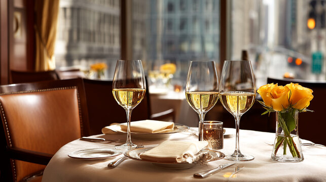 Elegant table setting with wine glasses, plates, and yellow roses, showcasing a fine dining experience in a city restaurant, symbolizing luxury and sophistication