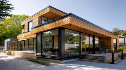 Fototapeta premium Modernist Home composition Featuring Timber Cladding and Large Windows