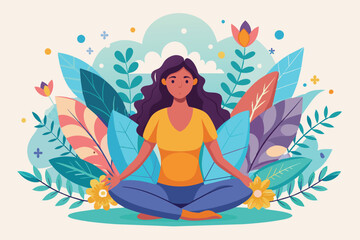 A woman with long dark hair sits in a meditative pose amidst a colorful garden filled with lush green leaves and blooming flowers.