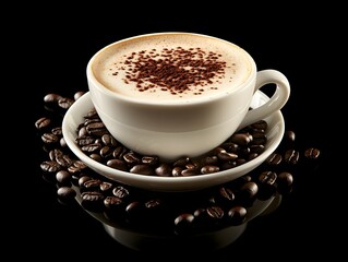 Cappuccino with cocoa powder on top, coffee beans around the cup